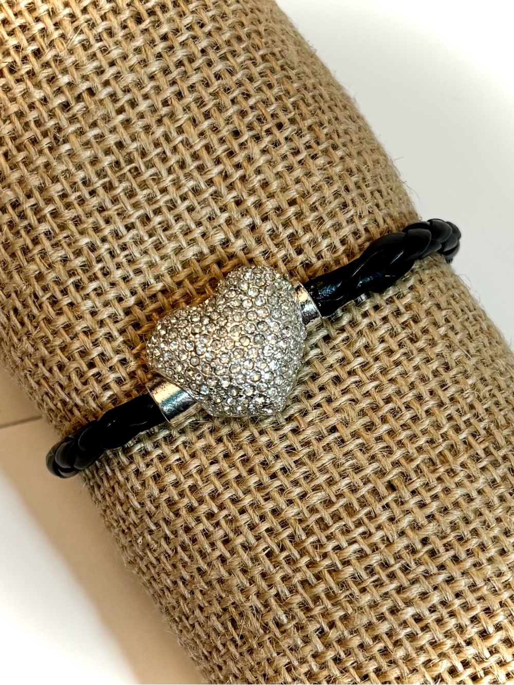 Pave Faux Crystal Heart Black Braided Bracelet